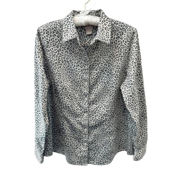 CHICO’S | Gray Leopard Print Button Down Shirt Long Sleeve Top | Size 1 Medium - Picture 1 of 6